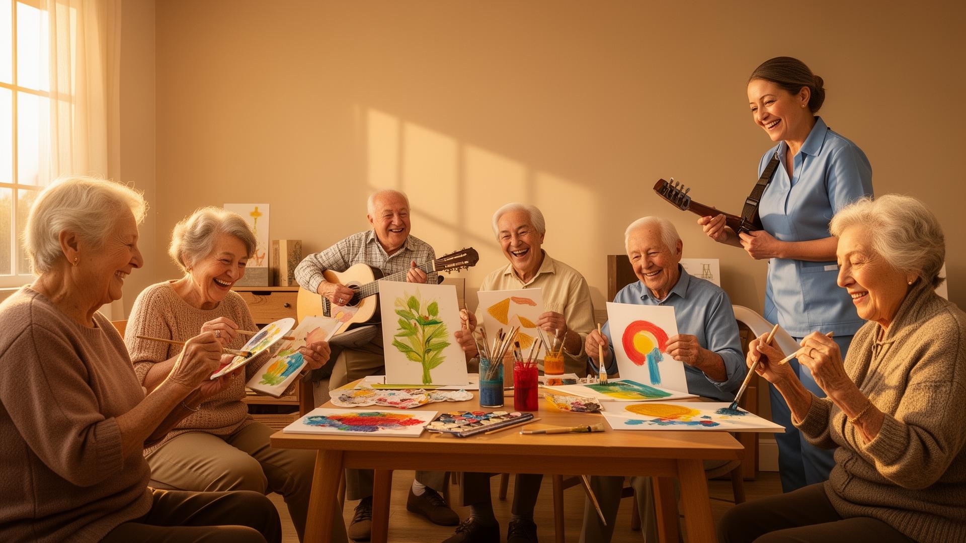 Idosos felizes em atividades de arte e música